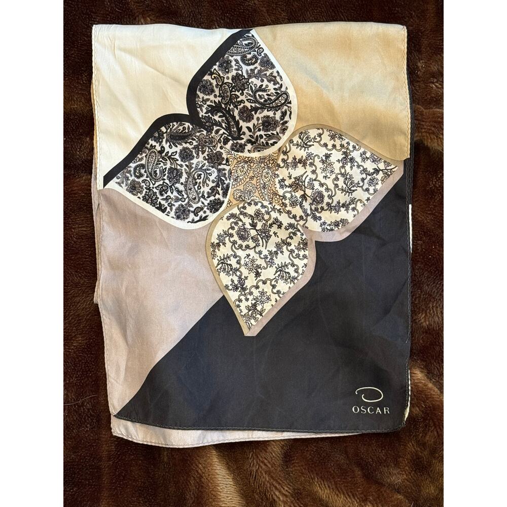 Oscar‎ de la Renta Scarf Womens Neutral Black Silk Paisley Floral Excellent